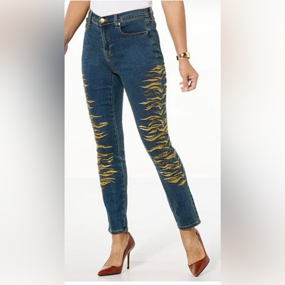 DG2 by Diane Gilman Navy Straight-Leg Jeans with Gold Foil Waves